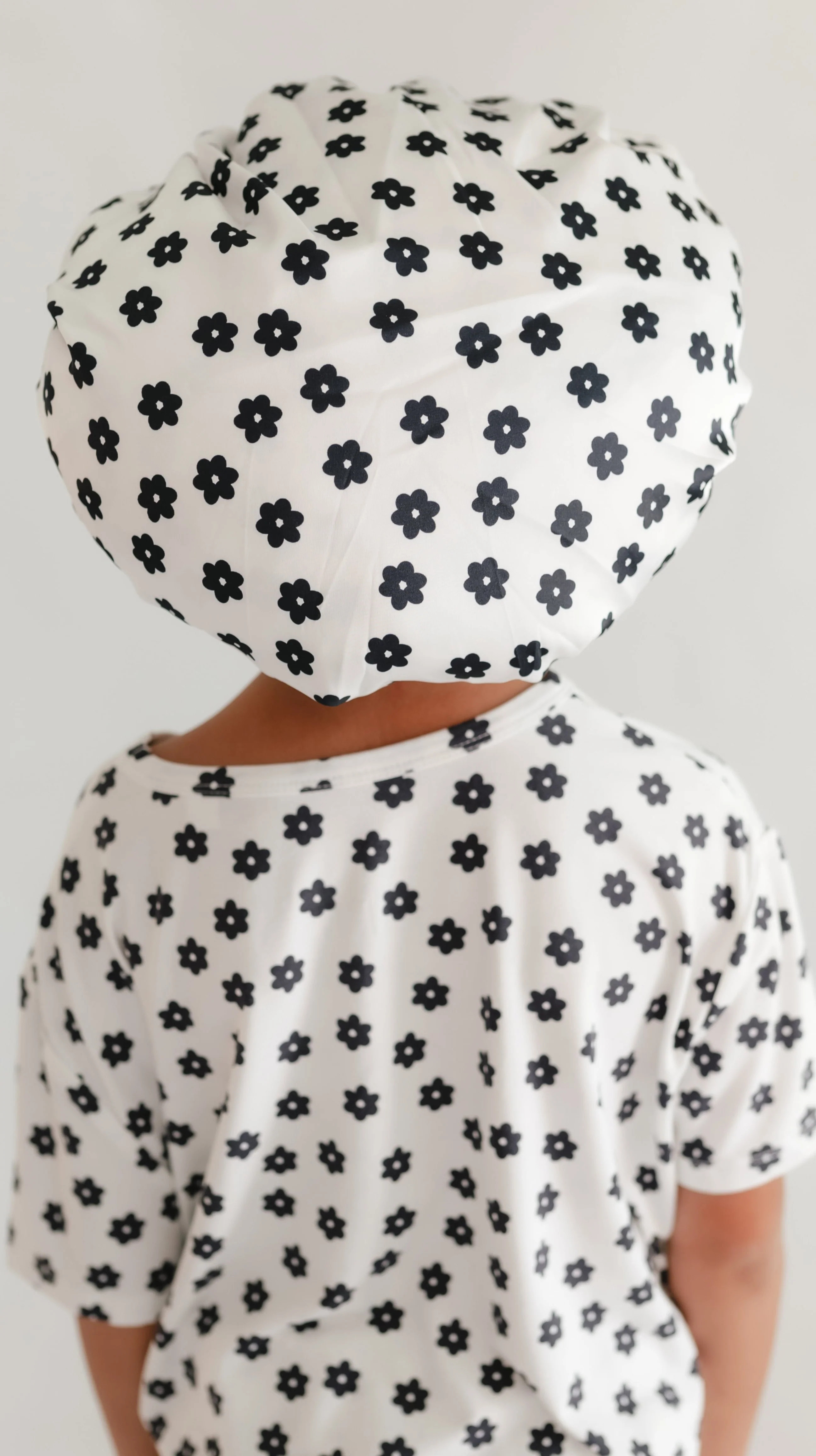 Kids Satin Bonnet in Black & White Flowers | Silks Design