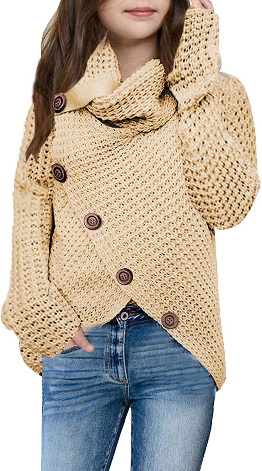 Haloumoning Girls Sweaters Button Turtle Cowl Neck Asymmetric Hem Wrap Pullover Sweaters for Girl... | Amazon (US)