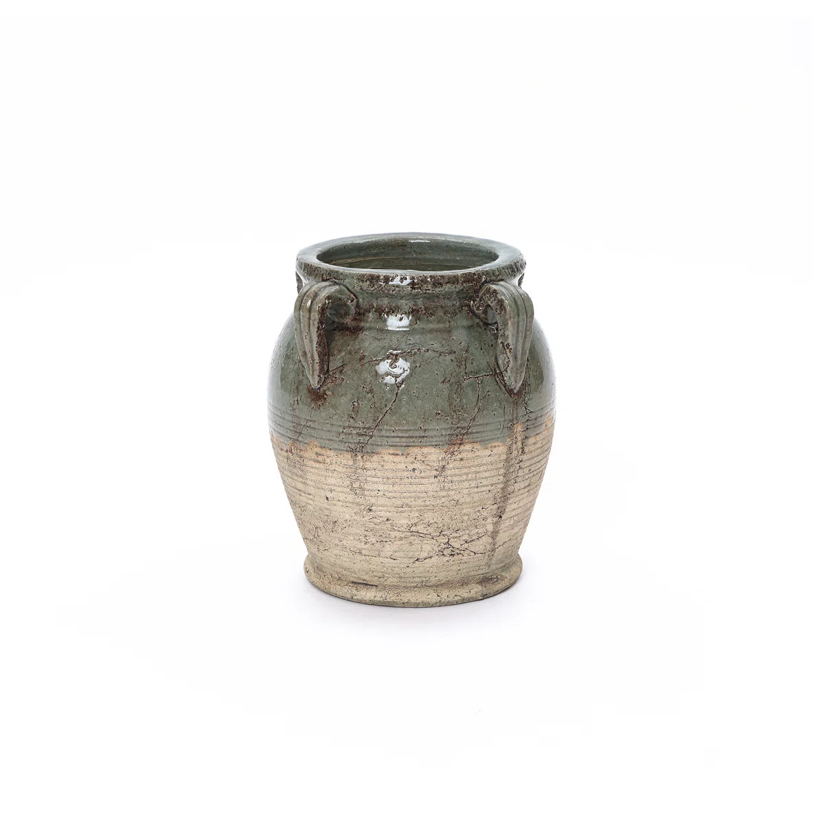 Rustic Green & Brown Terracotta Jar Vase with Four Handles, Pottery-Style Decor | Wayfair North America
