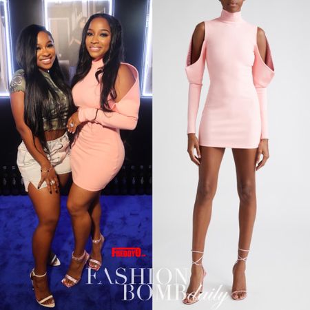 Toya Johnson celebrated her 40th birthday in a $795 @area Crystal Cold Shoulder Long Sleeve Minidress. 
