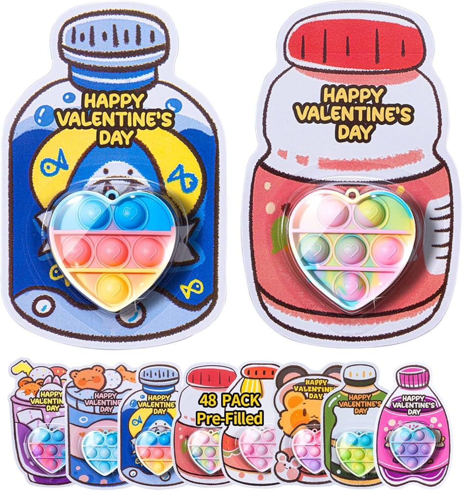 Valentines Day Gifts for Kids - 48 Pack Prefilled Heart Pop Fidget Valentines Cards for Kids Clas... | Amazon (US)