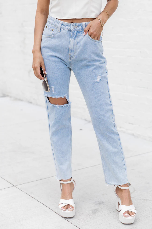 Harlow Light Wash Distressed Mom Jeans | Pink Lily