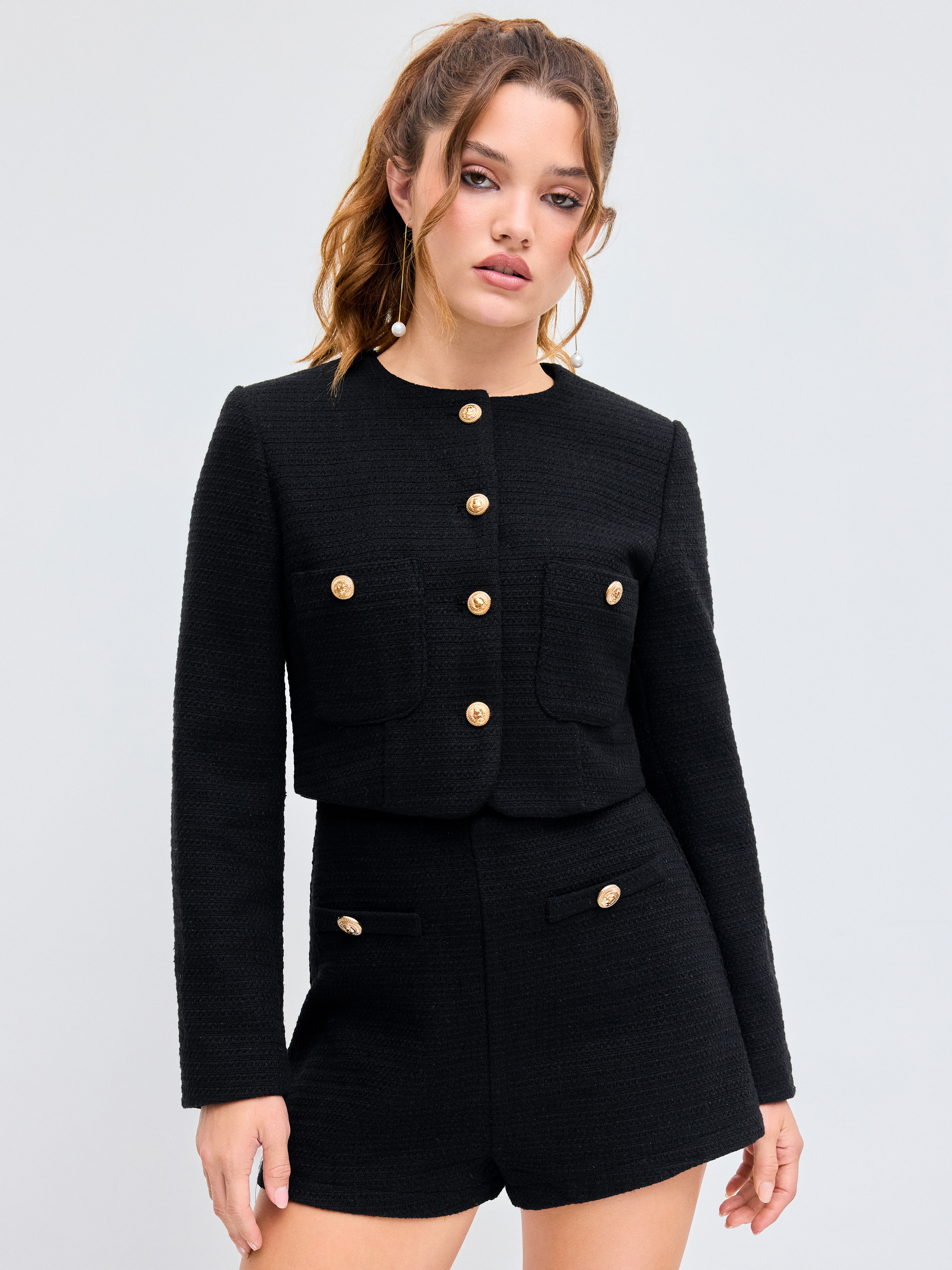 Tweed Tweed Round Neckline Solid Button Pocket Jacket For Daily Casual | Cider