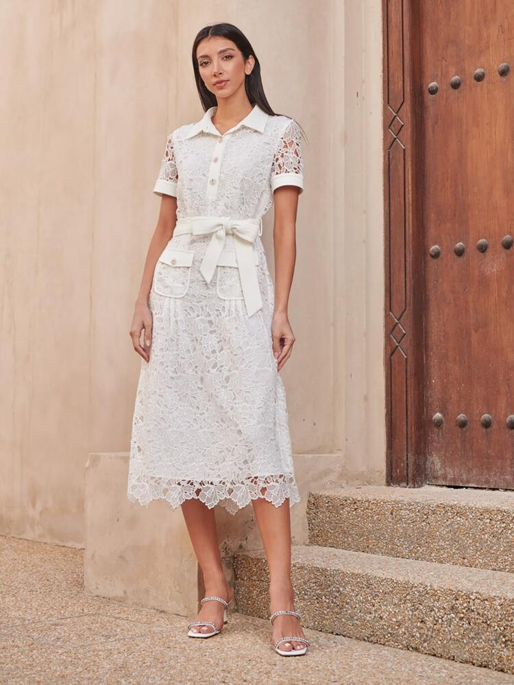 MOTF PREMIUM GUIPURE LACE BELTED DRESS | SHEIN