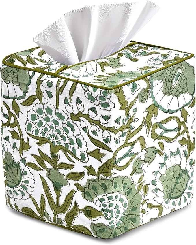 CPC Agate Green Hand Block Printed Cotton Tissue Box Cover 5" x 5" x 5.5" Square Soft Reusable Bo... | Amazon (US)