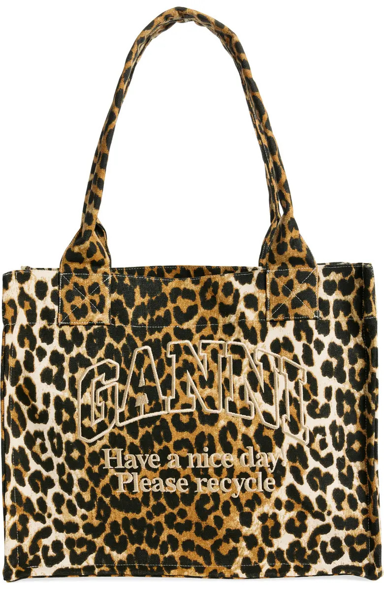Ganni Large Leopard Print Recycled Cotton Shopper Tote | Nordstrom | Nordstrom