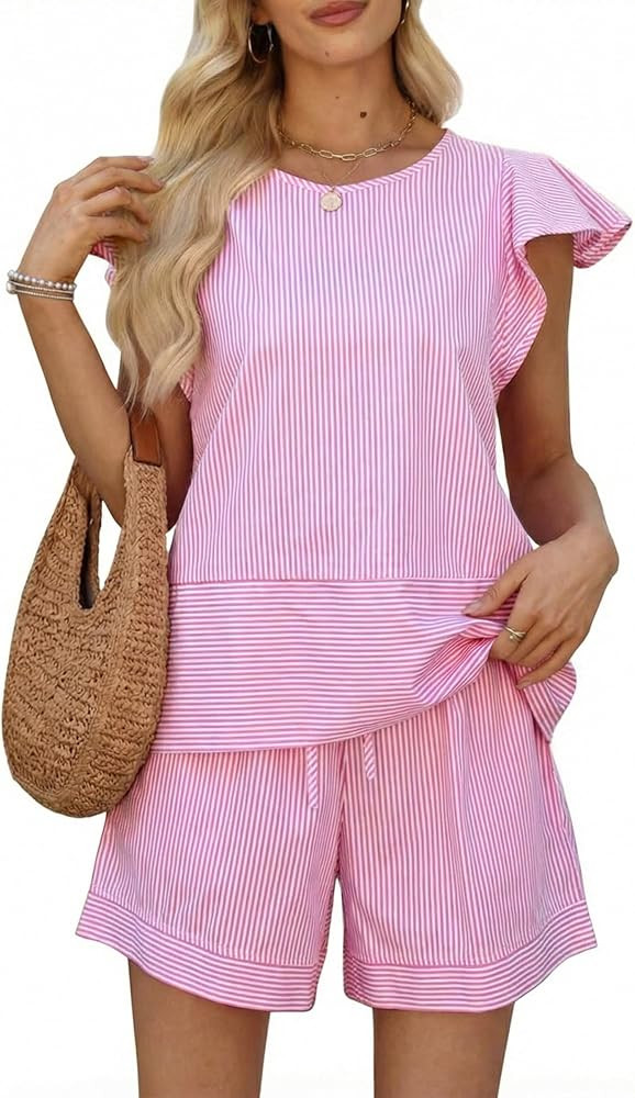 ZMJ 2 piece cotton cute sets women summer Ruffle Sleeve Top Shorts Lounge Outfit for Beach Vacati... | Amazon (US)