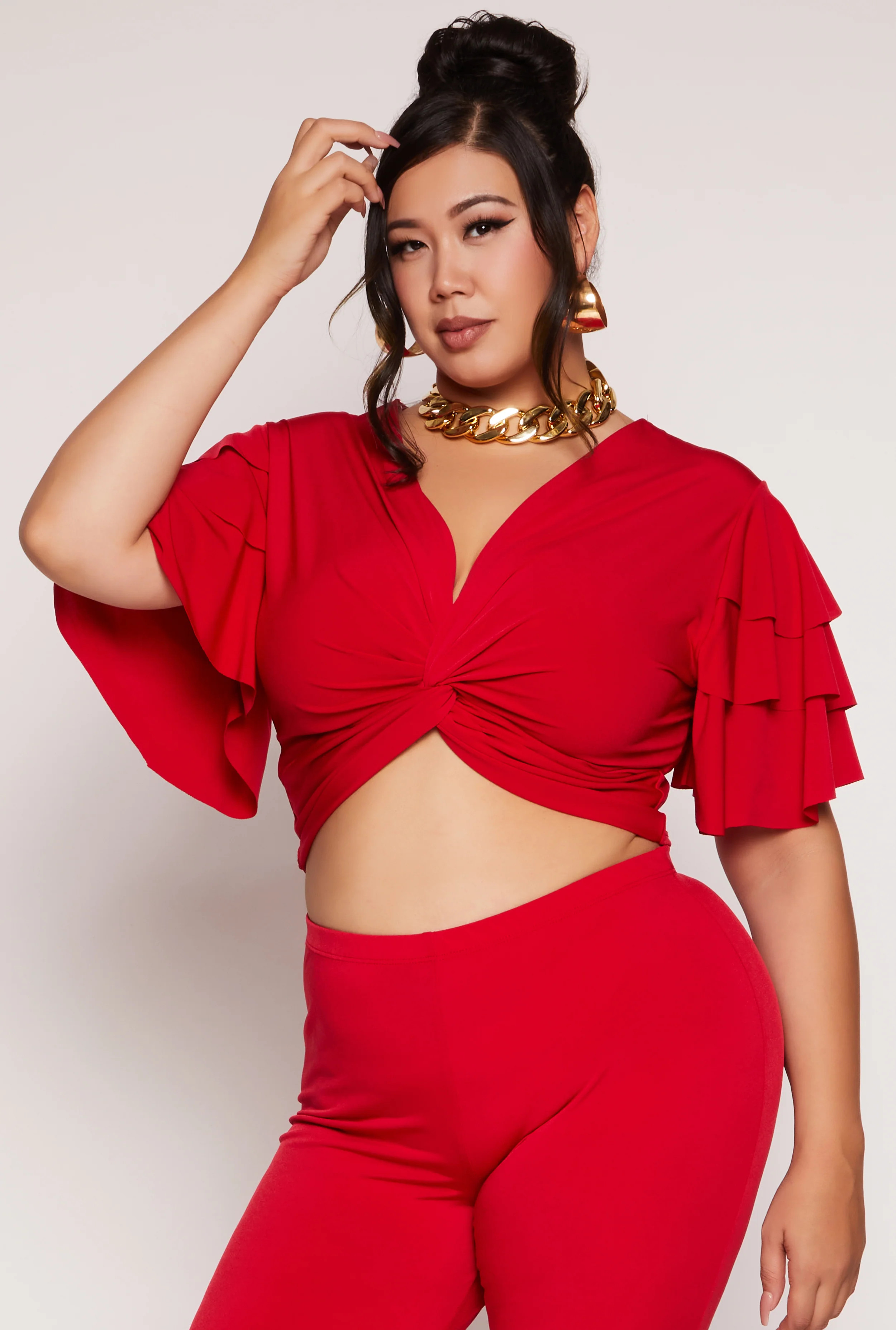 Plus Size Tiered Sleeve Twist Front Crop Top | Rainbow Shops
