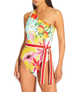 Antonio Melani Flamingos Ribbon Belt Cut Out One Shoulder One Piece Swimsuit | Dillard's | Dillard's