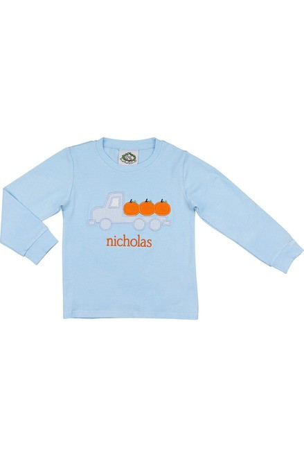 Blue Knit Truck And Pumpkins Shirt | Cecil and Lou