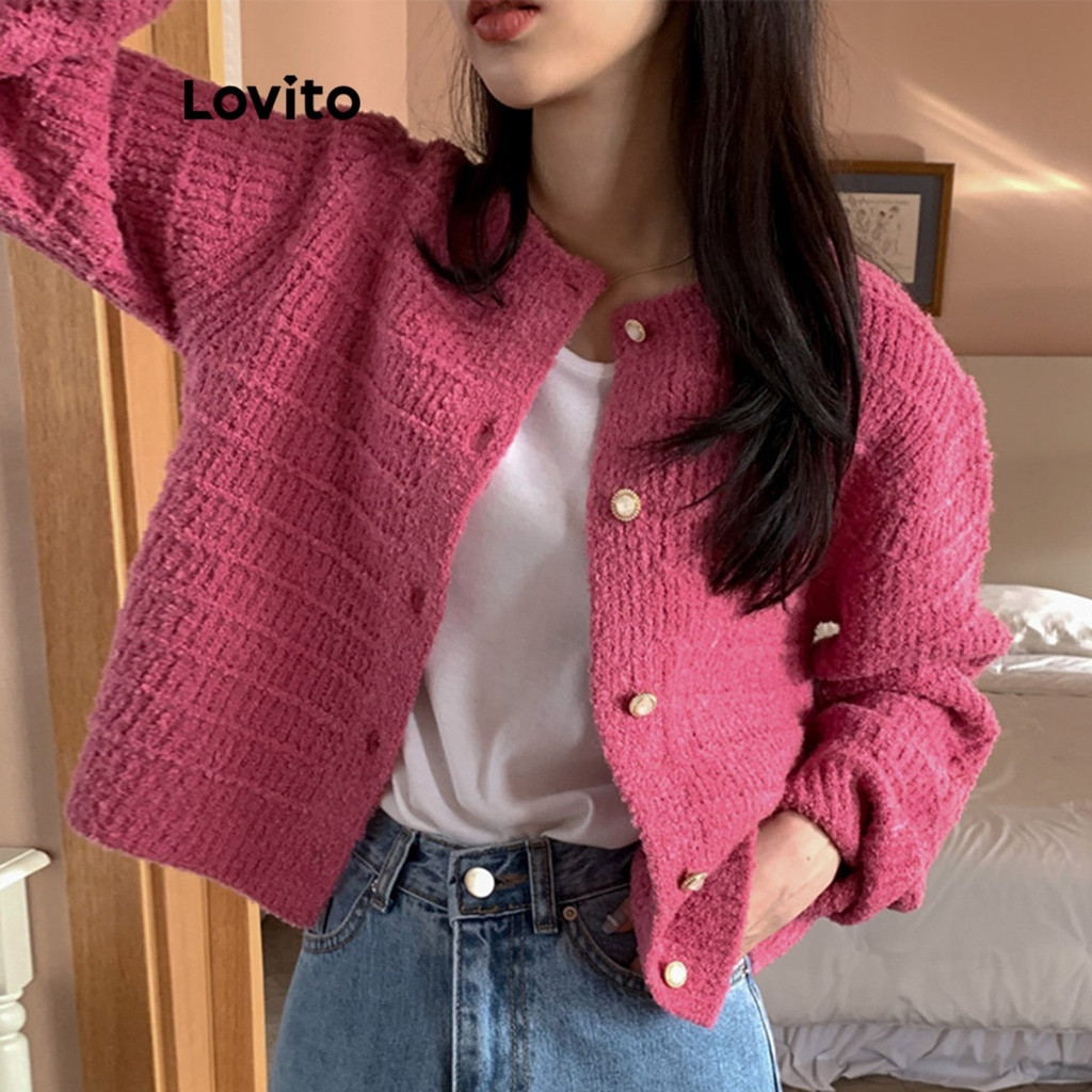 Lovito Cardigãs Casuais De Metal Com Botão Liso Frontal Para Mulheres LNE36311 (Cáqui/Rosa Cho... | Shopee (BR)