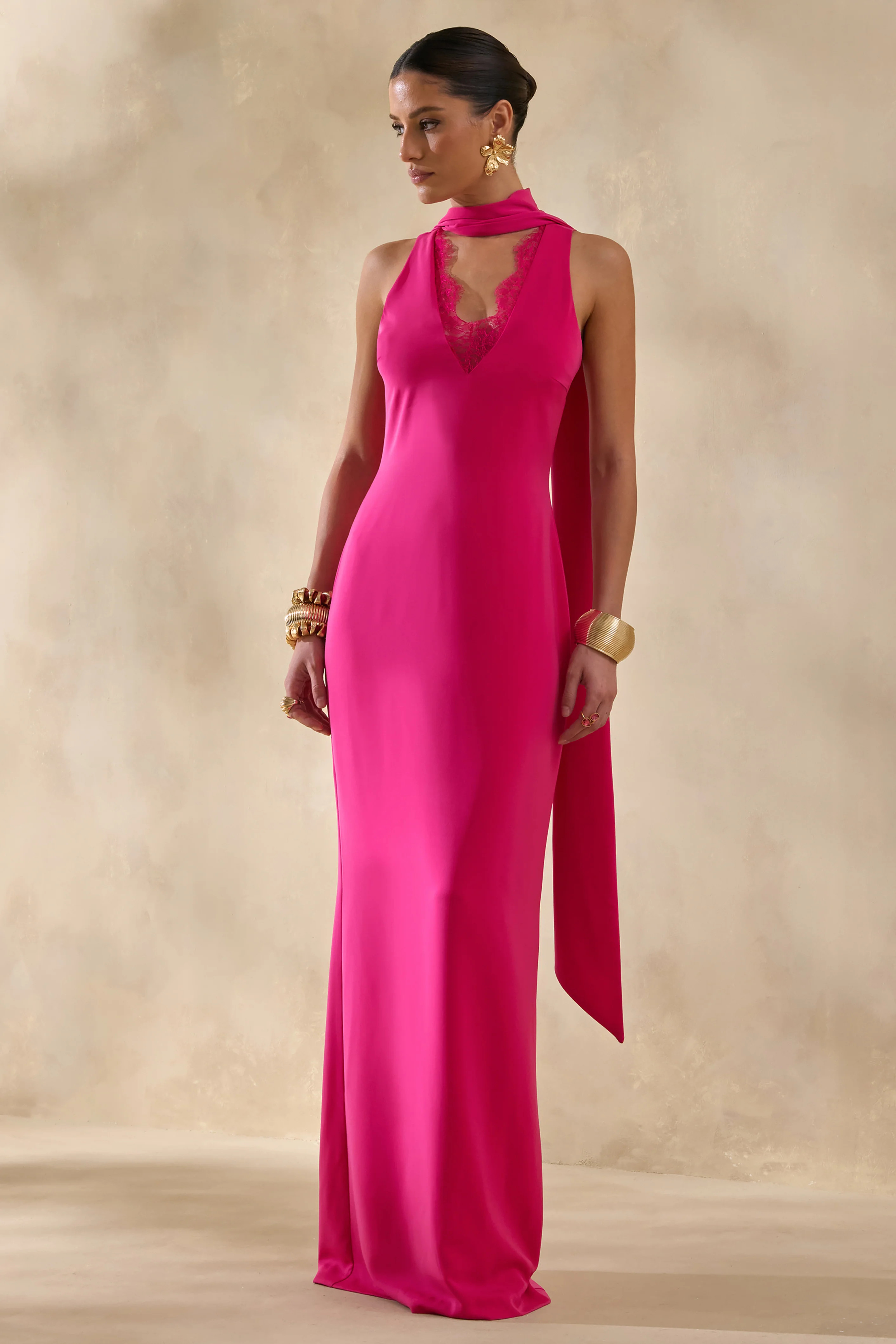 True Icon | Hot Pink Satin High-Neck Maxi Slip Dress With Sash | Club L London