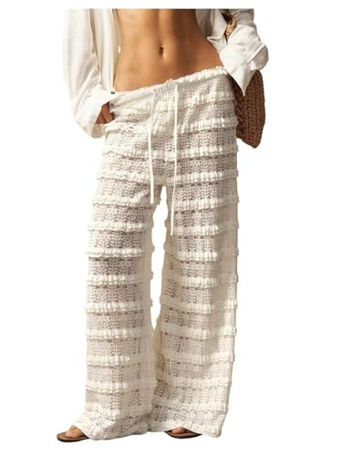 RoseSeek Women's Crochet Lace Pants Ruffle Layered Elastic Waist Mesh Bathing Suit Cover Up Beach... | Amazon (US)