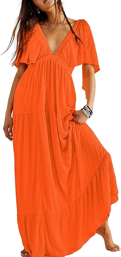 Women Summer Dresses Sexy V-Neck Maxi Dress Tiered Silhouette with Flutter Sleeve Backless Elasti... | Amazon (US)