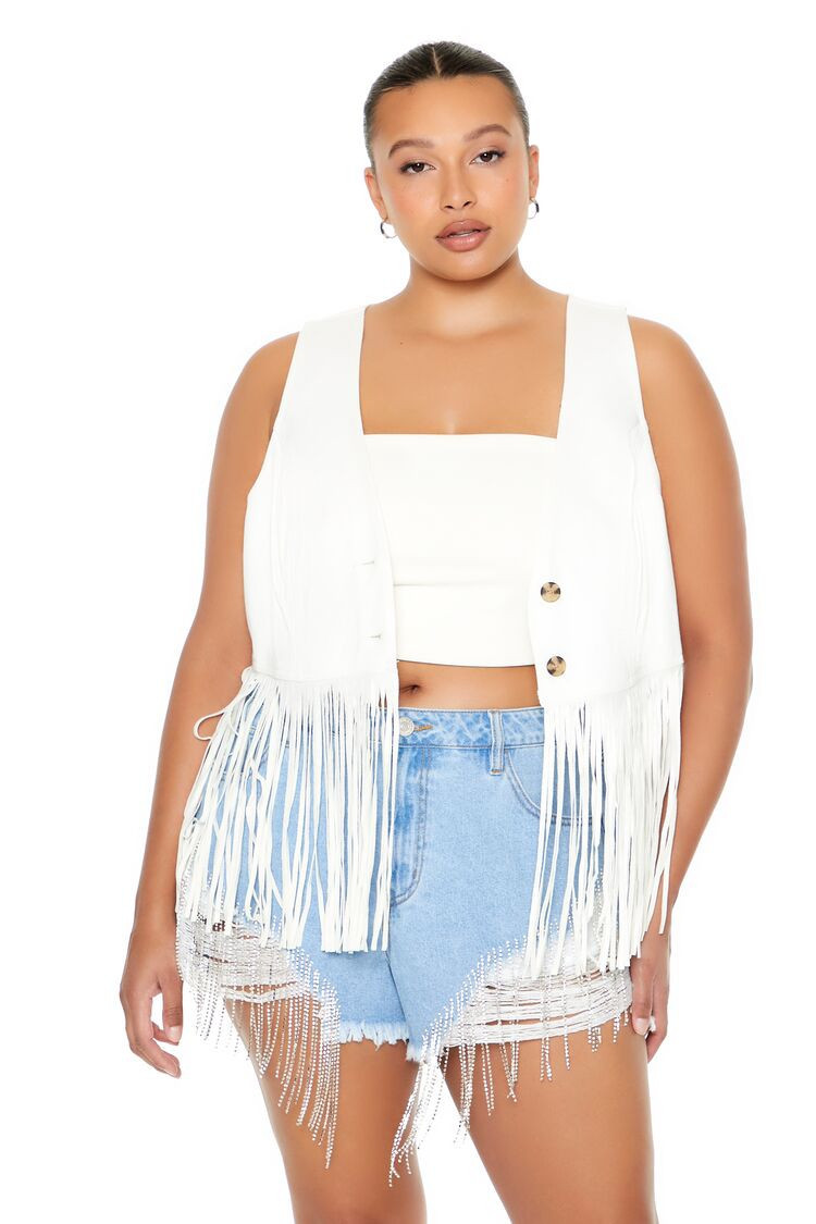 Plus Size Cropped Fringe Denim Vest | Forever 21