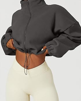 QINSEN Women's Full Zip Fleece Short Jacket Warm Winter Long Sleeve Stand Collar Sherpa Crop Coat | Amazon (US)