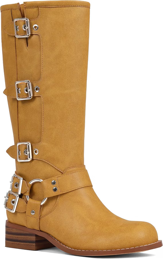 Square Toe Pull On Riding Long Boots Chunky Low Heel Casual Vintage Rivet Club Trendy Motorcycle ... | Amazon (US)