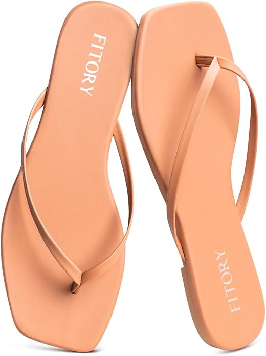 FITORY Womens Flip Flops, Square Open Toe Leather Thong Sandals, Comfortable and Dressy Flat Slid... | Amazon (US)