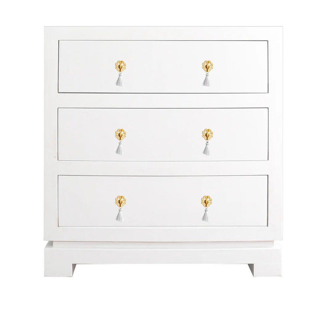 Eden Three Drawer Chest with Brass Floral Tassel Hardware | Lo Home by Lauren Haskell Designs