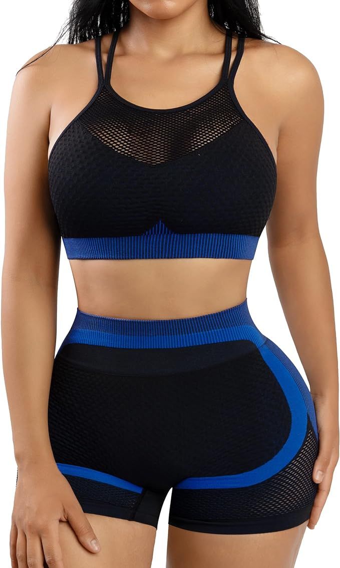 Short Workout Sets for Women 2 Piece High Waist Shorts with Spaghetti Strap Sports Bra Yoga Gym C... | Amazon (US)
