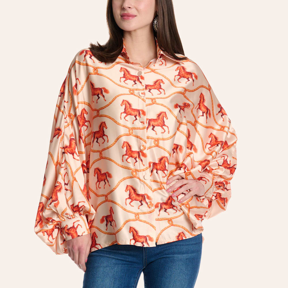 Beulah Women's Coral Horse Print Long Sleeve Satin Blouse | Cavender's