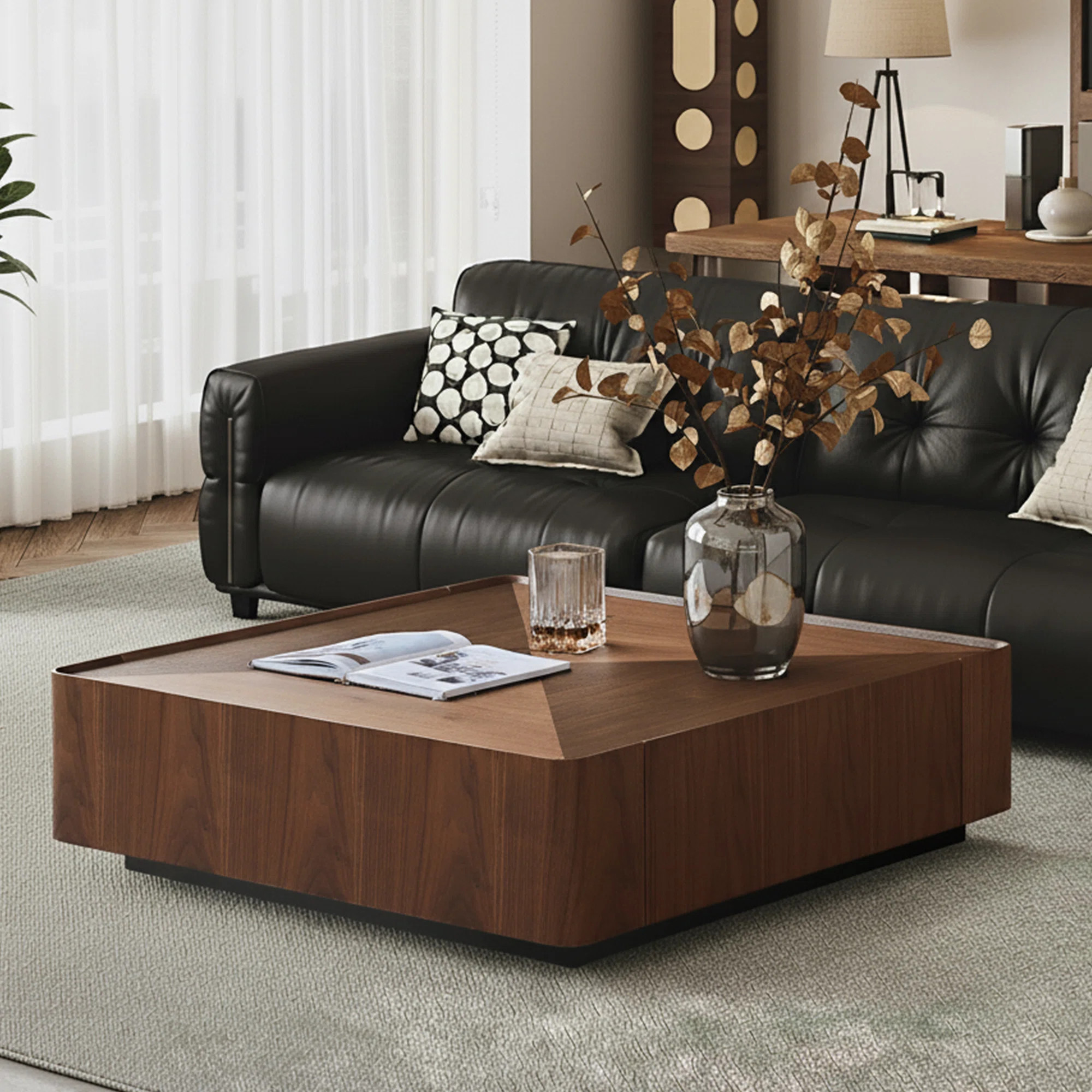 Rubinder Walnut Square Coffee Table with Drawers, Solid Wood Top & Steel Base | Wayfair North America