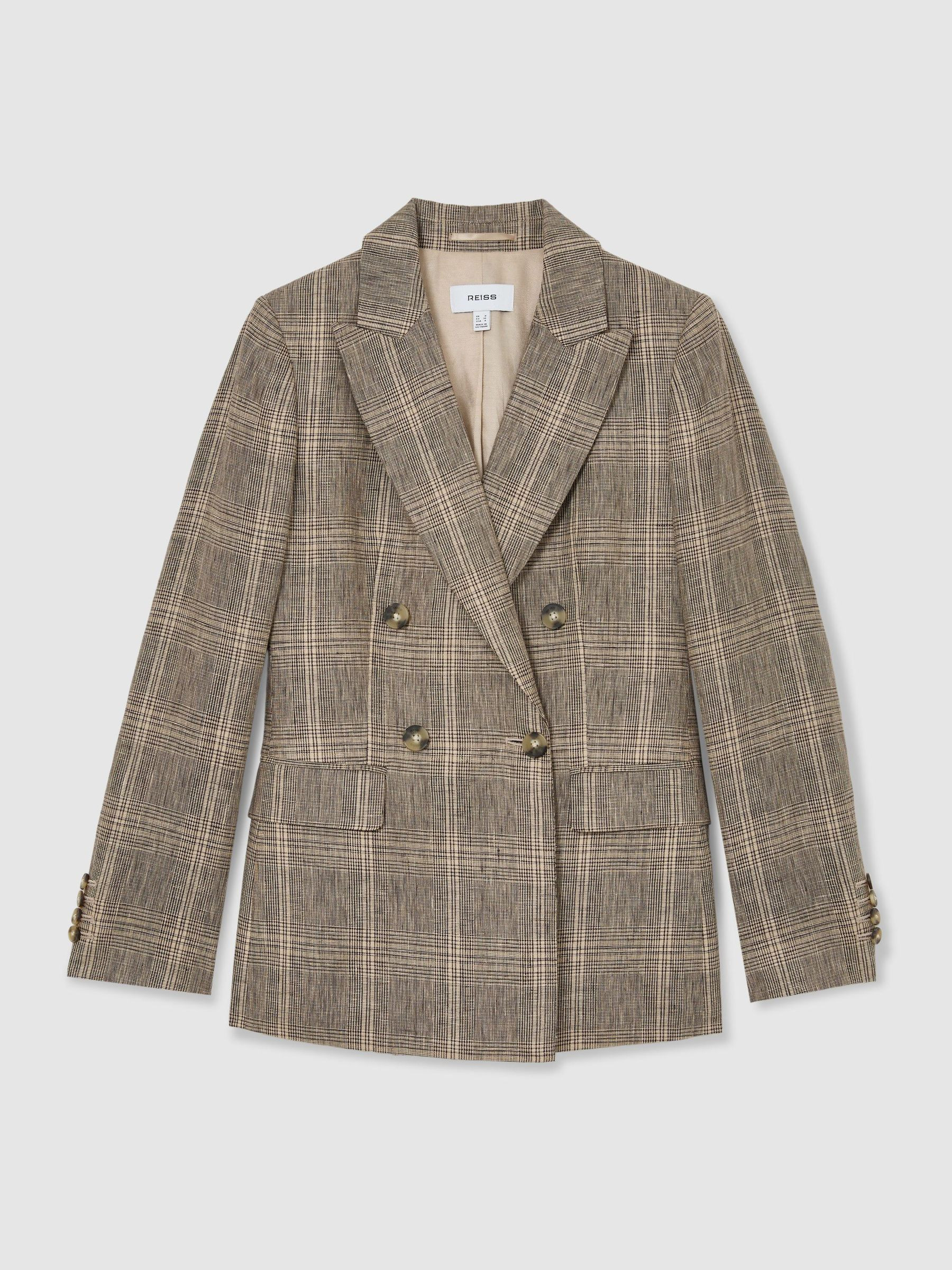 Reiss Linen Double-Breasted Check Blazer in Neutral Check - REISS | Reiss UK