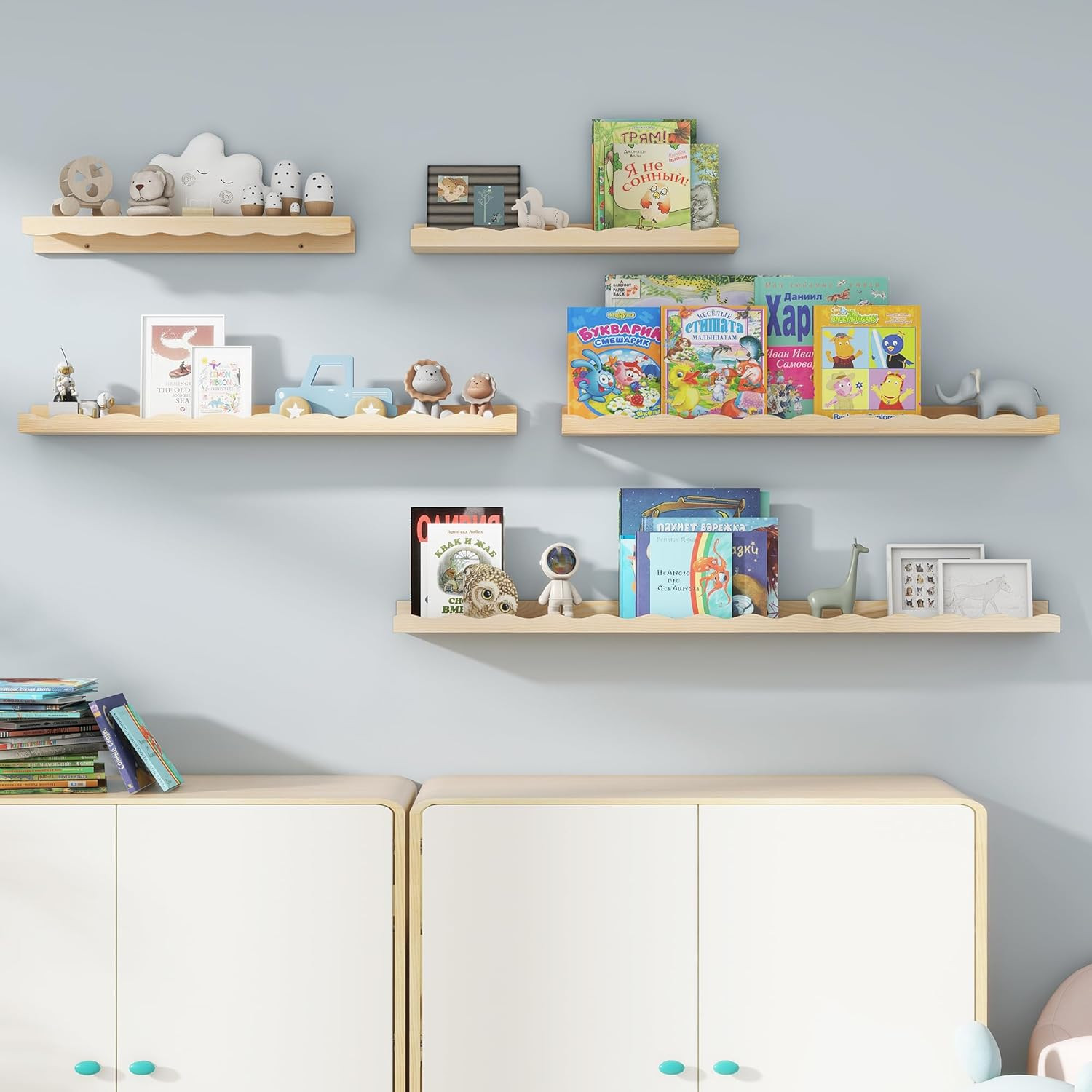 Fun Memories Picture Ledge Shelf for Wall, 48 inch Pine Wood Nursery Book Shelves Set of 2- Wall ... | Amazon (US)