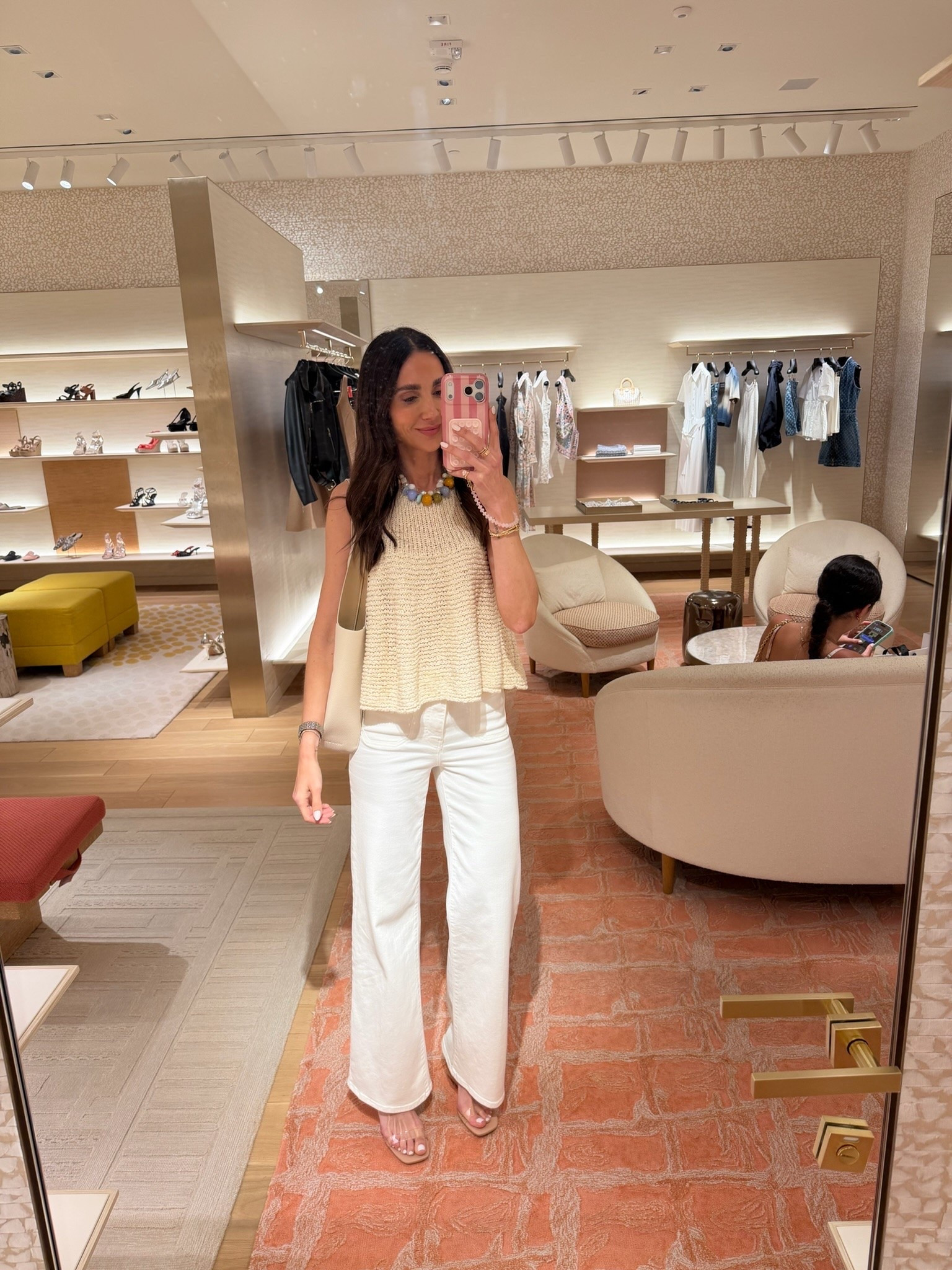 This is one of those outfits that looks expensive but feels effortless. The cream knit tank has the prettiest texture, and paired with white jeans and a colorful statement necklace, it’s the perfect summer outfit for lunch, vacation, or everyday wear.

Cream knit tank, White jeans, Summer outfit, Resort style, Vacation outfit, Casual chic, Statement necklace, Neutral outfit, Elevated basics, Summer fashion, Everyday style, annabrstyle

#LTKootd #LTKSeasonal #LTKOver40