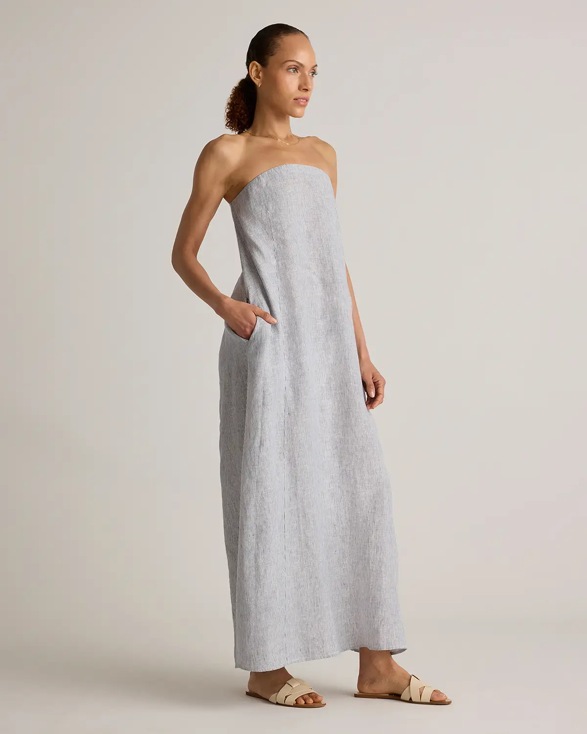 100% European Linen Strapless Maxi Dress in Blue Pinstripe | Quince
