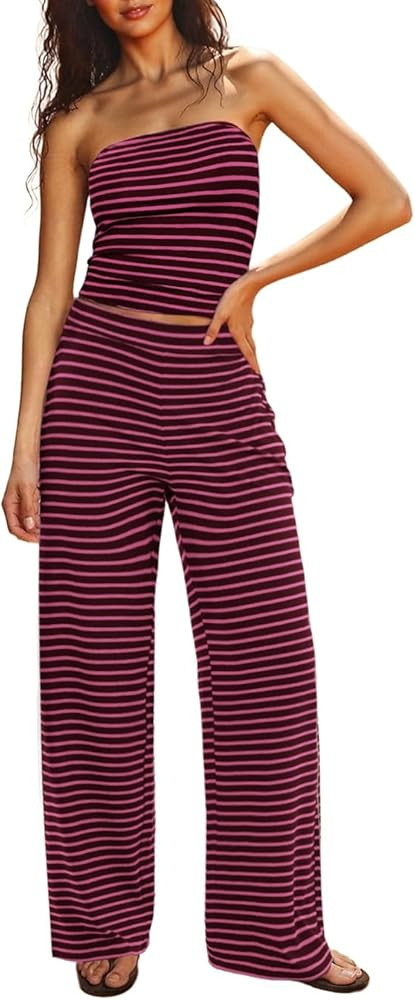 Two Piece Sets For Women Summer Outfits Lounge Sets Striped Tube Top And Pants Matching Sets Beac... | Amazon (US)