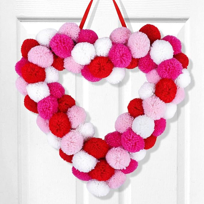 ANVAVO 12 Inch Valentine's Day Felt Heart Ball Wreath 60 Ball Pom Pom Wreath Decoration Double-Si... | Amazon (US)