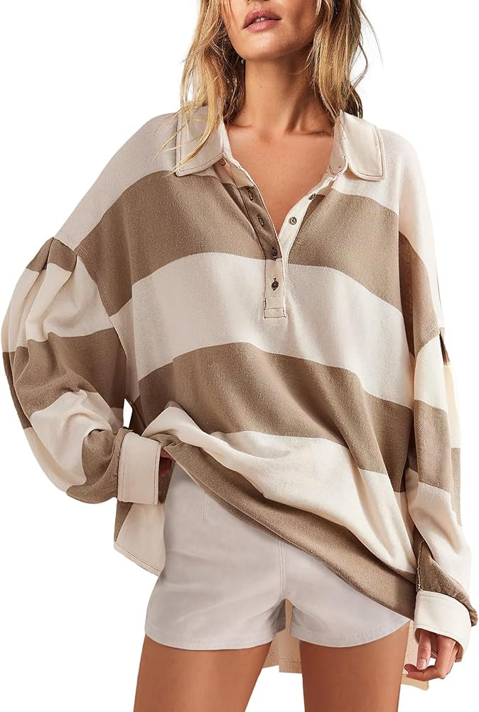 Panadila Womens Long Sleeve Striped Shirt Oversized Polo Shirts Casual V Neck T Shirt Loose Fit T... | Amazon (US)