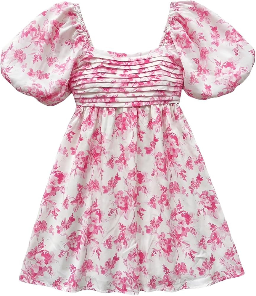 Floerns Women's Floral Dress Puff Sleeve Dress Square Neck Summer Vacation Picnic Mini Dresses | Amazon (US)