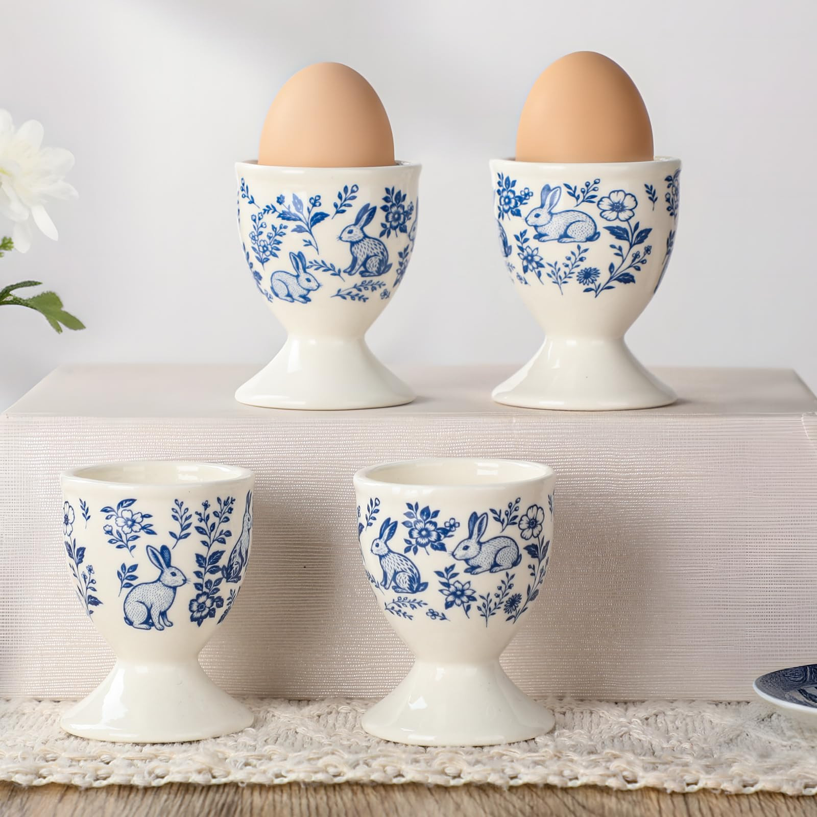 4 Pcs Easter Ceramic Egg Cups for Soft Boiled Eggs Chinoiserie Blue and White Bunny Egg Holders E... | Amazon (US)
