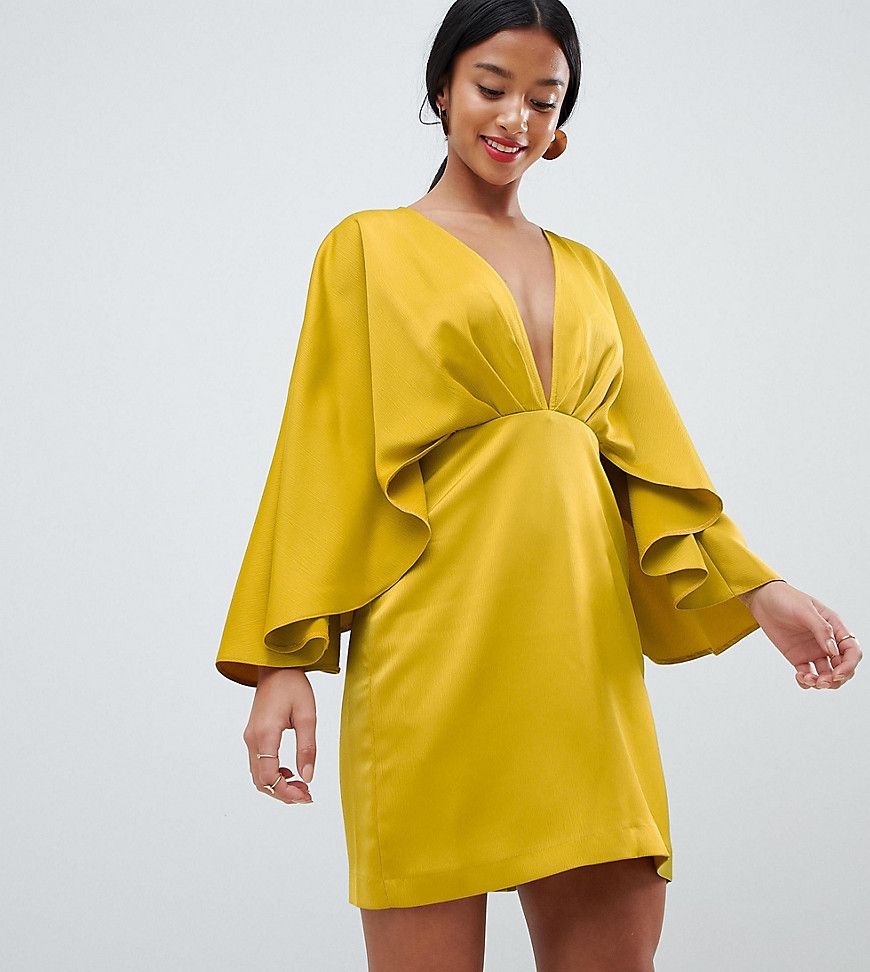 ASOS DESIGN Petite satin cape kimono sleeve deep plunge mini dress - Yellow | ASOS US