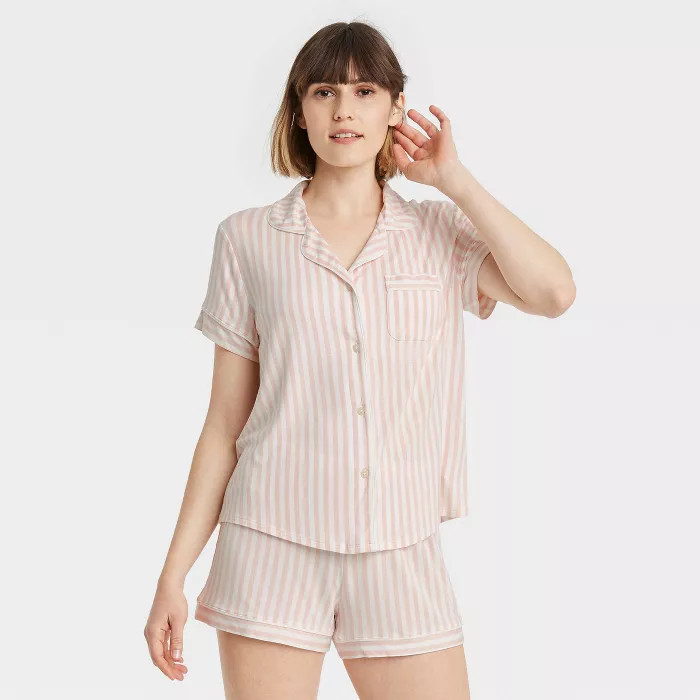 Women's Beautifully Soft Short Sleeve Notch Collar Top and Shorts Pajama Set - Stars Above | Target