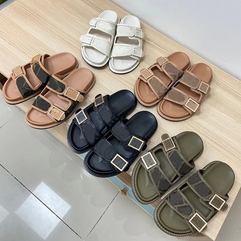 Designer Men Women Sandals Canvas Slides Double Strap Flat Buckle Slippers Mule Leather Bottom Be... | DHGate