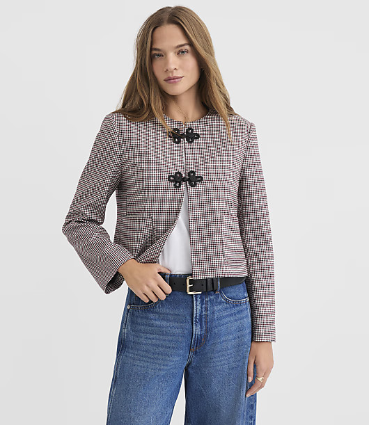 Loft Houndstooth Brushed Flannel Collarless Jacket | LOFT