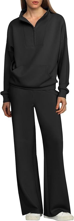 ANRABESS Womens 2 Piece Outfits Sweatsuit Quarter Zip Oversized Sweatshirt Wide Leg Sweatpants Ma... | Amazon (US)
