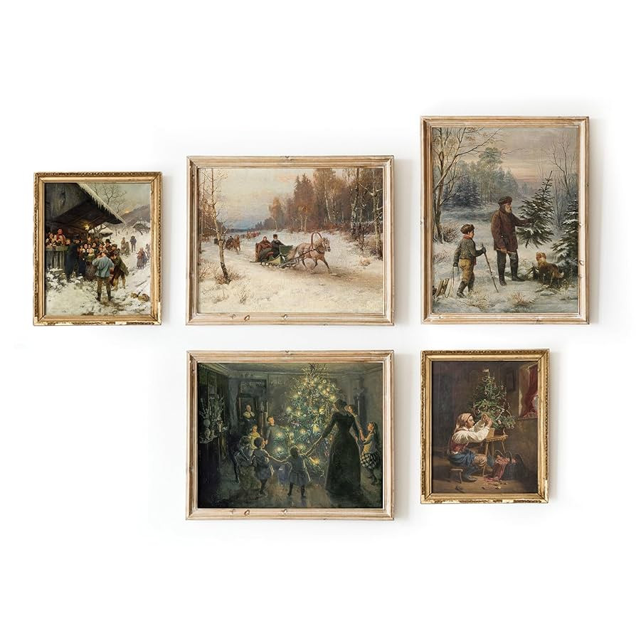 Gallery Wall Art Set 5 Vintage Christmas Prints, Winter Wall Art, Christmas Prints Wall Decor, La... | Amazon (US)