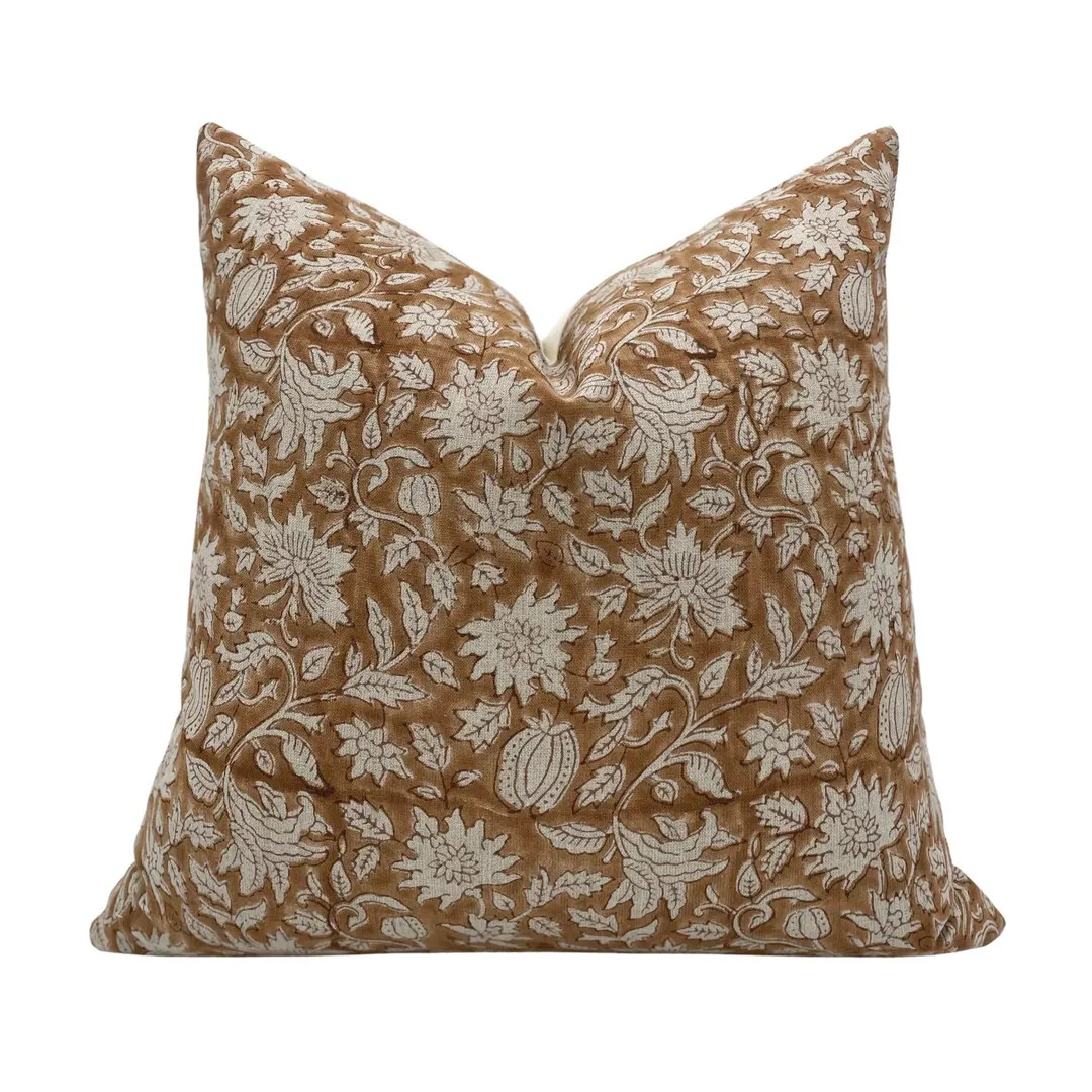 VANESSA Designer Floral Linen Pillow Cover, Rust Hand Block Pillow, Block Print Pillow, Neutral H... | Etsy (US)