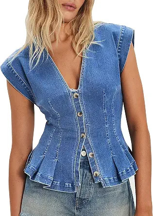 Denim Vest Tops for Women Y2k Pleated Button Down Jean Vests Shirts | Cap Sleeve V Neck Fitted Wo... | Amazon (US)