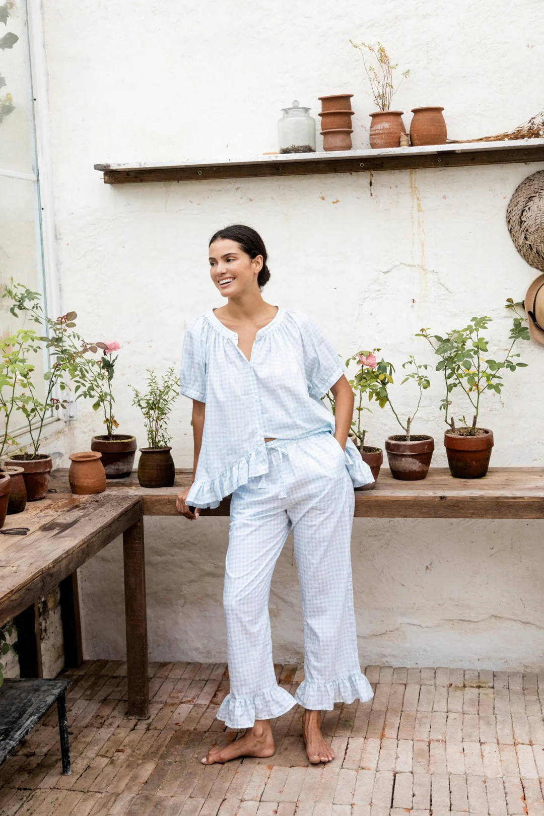 Sophie Sleep Set - Pants - Cotton - Gingham Pale Blue | Piyama US