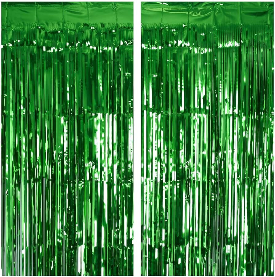 2 Pack Green Tinsel Curtain Party Backdrop, 3.2Ft x 8.2Ft Metallic Tinsel Foil Fringe Curtains Ph... | Amazon (US)