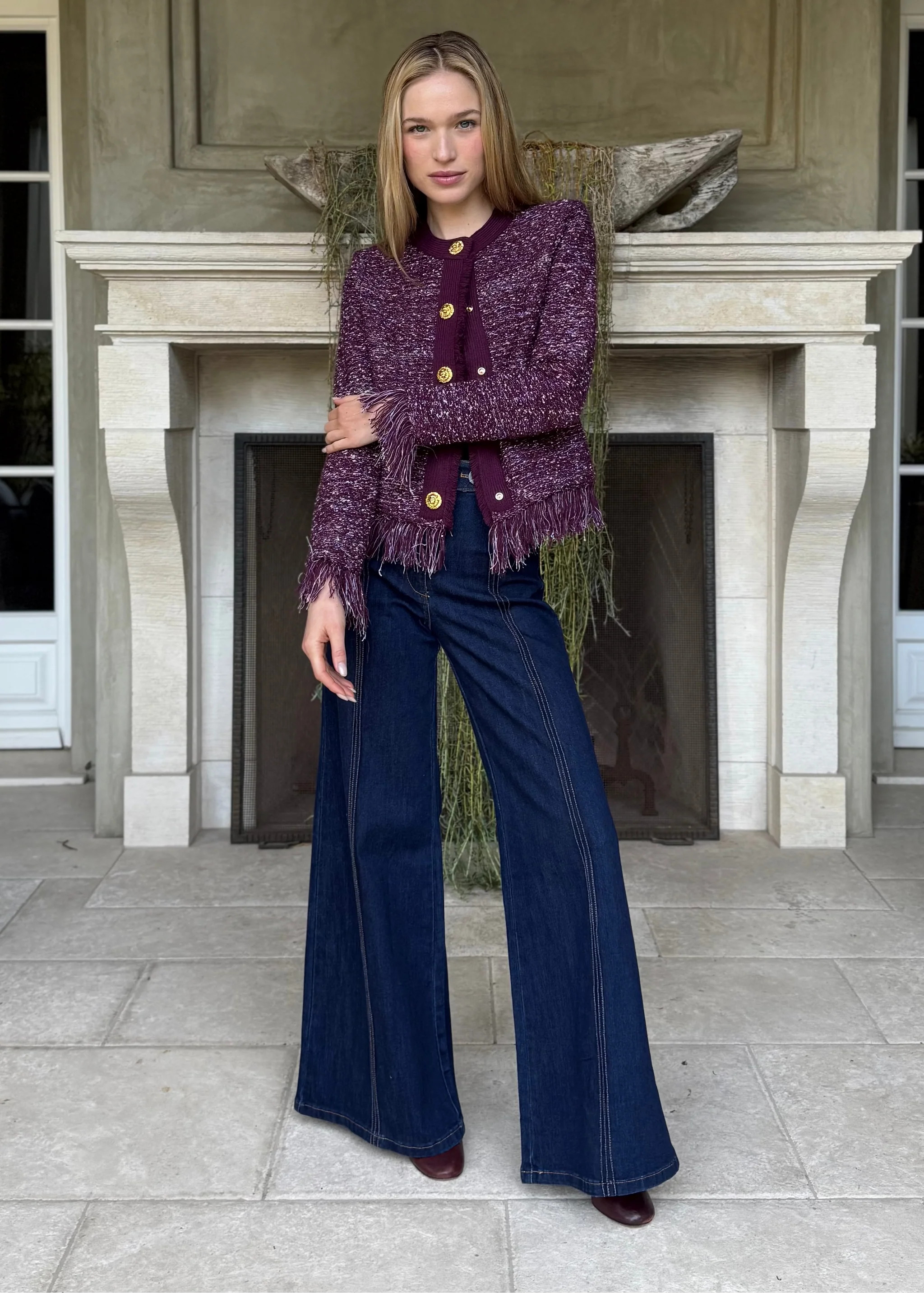 Jessica Fringe Hem Cropped Cardigan Jacket - Eggplant | Benaar La