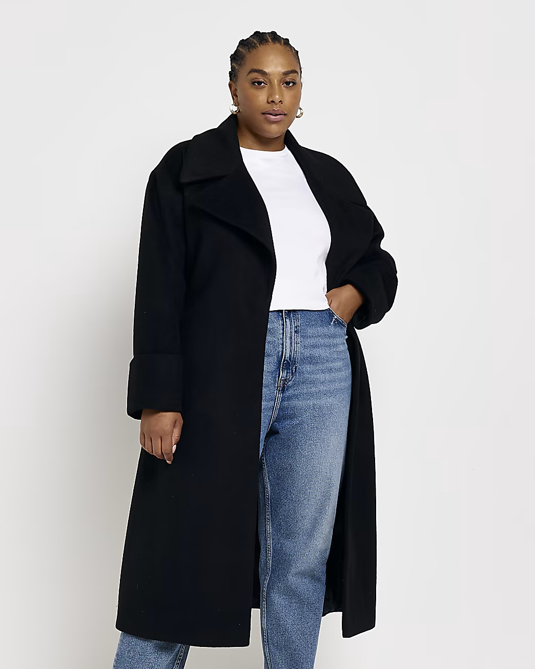 River Island Womens Plus Black Belted Longline Coat | River Island (UK & IE)