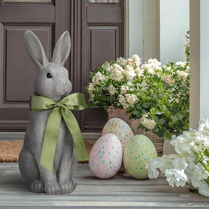 Leinuosen 18 Inches Easter Rabbit Statue Porch Decor Sign Easter Resin Bunny Sculpture Decorative... | Amazon (US)