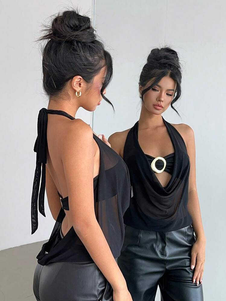 Aloruh Semi-Sheer Plunging Neck Brown Tie-Dye Halter Backless Top With Metal Decor,Y2K Coachella,... | SHEIN