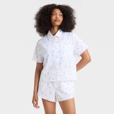 Women's Scalloped Edge Button-Down Pajama Shirt - Auden™ White XXL | Target